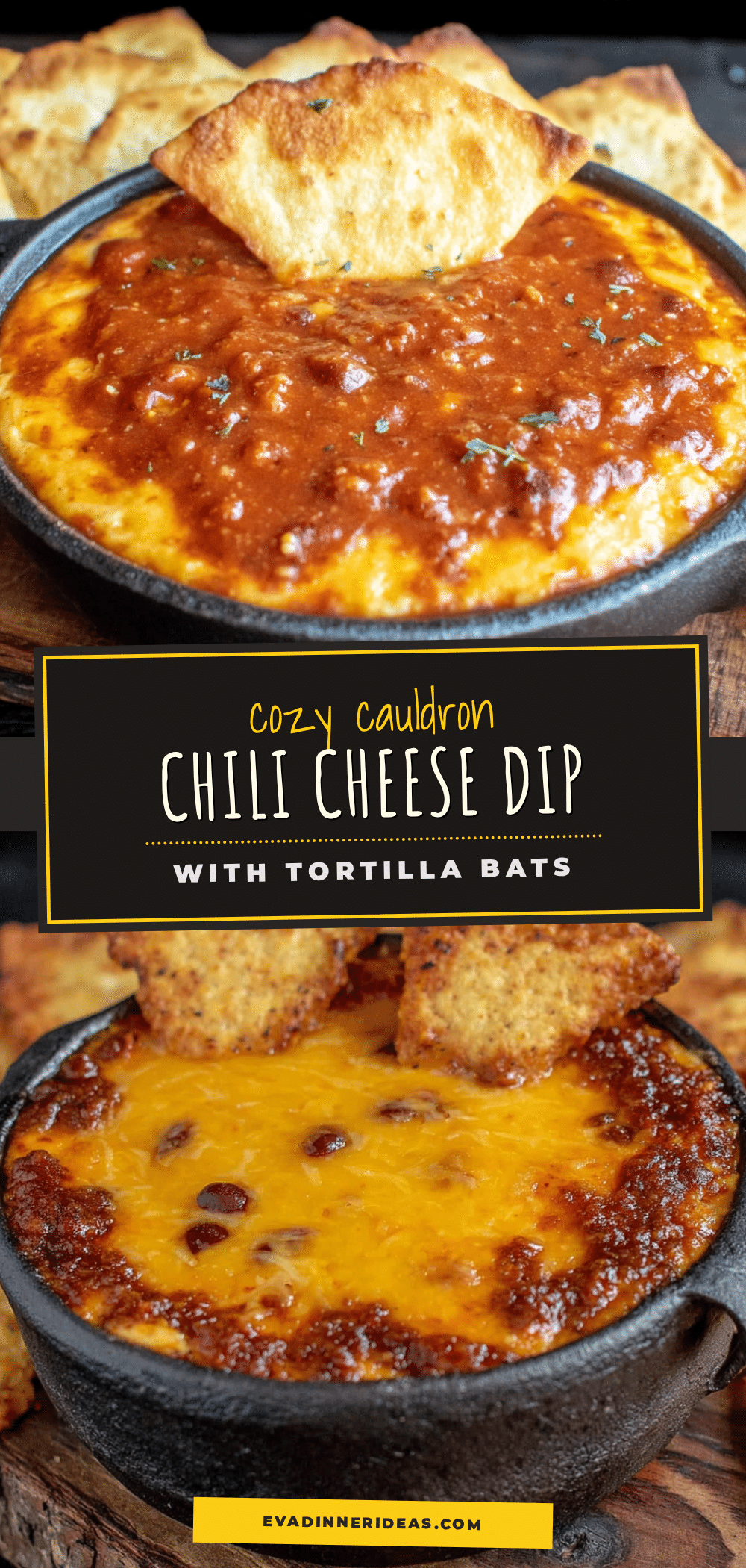 Cozy Black Cauldron Chili Cheese Dip with 5-Minute Tortilla Bats recipe